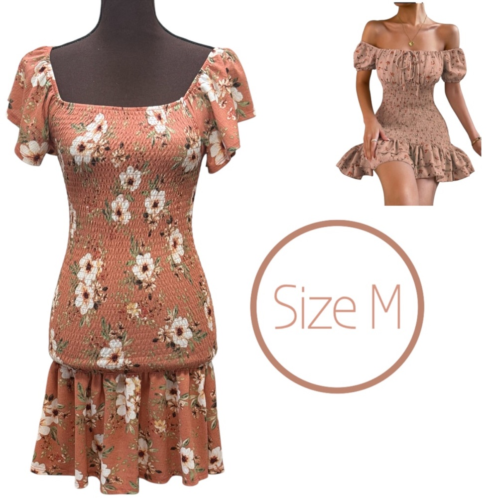 Peach Mini-Dress, Floral Off-Shoulder, Sz M, Summer Dress, Shirred Ruffle, Party